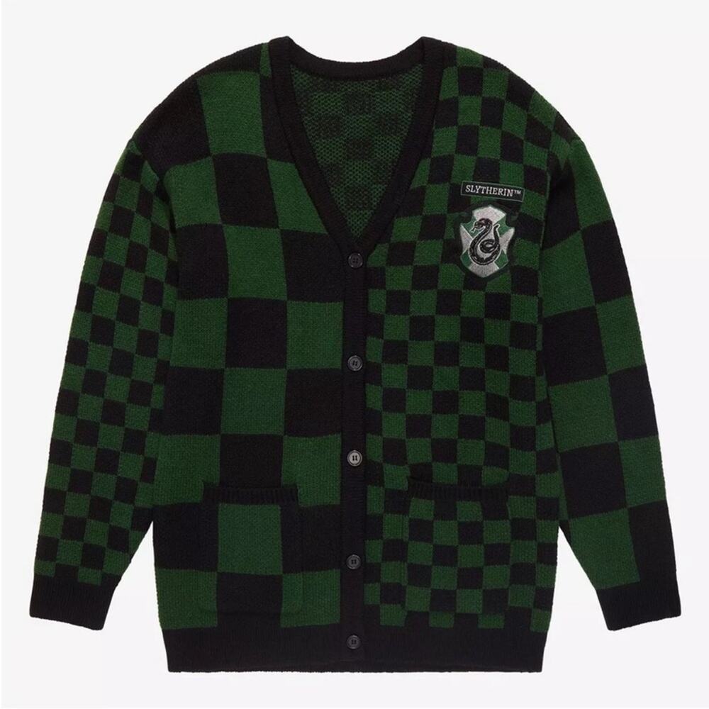 Warner Bros Harry Potter Slytherin Green Black Checkered Sweater Cardigan XS - Picture 12 of 12